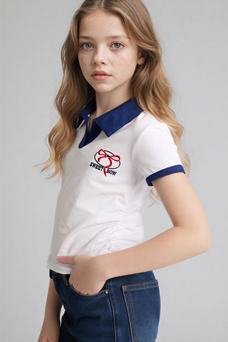 DeFacto White Girl Girl Slim Fit Polo Collar Printed T-Shirt Casual - Image 3